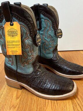 Corral Caiman Cowboy Boots Men 10D Square Toe Exotic Leather Brown Blue Western